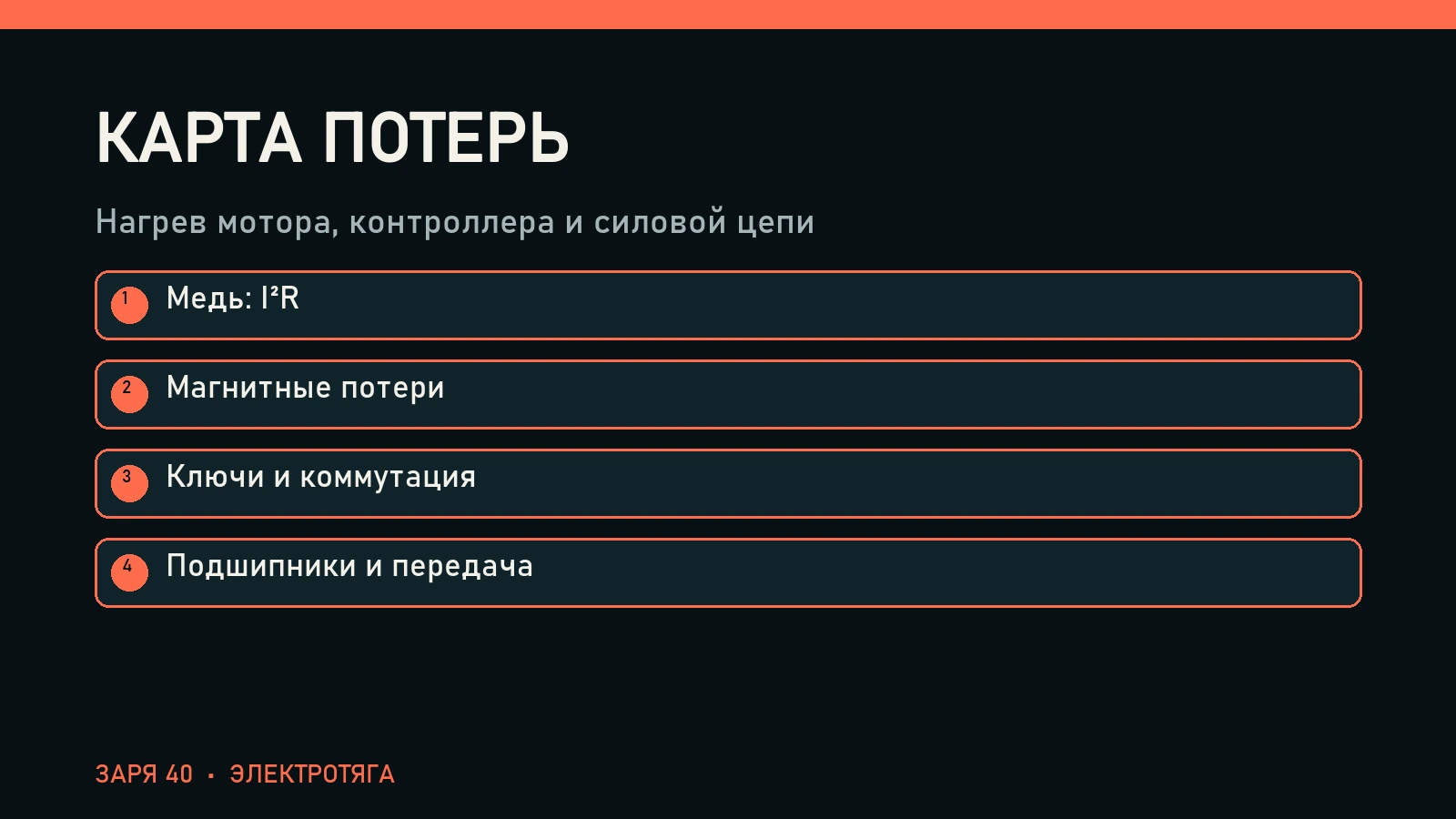 Карта потерь: Медь: I²R, Магнитные потери, Ключи и коммутация, Подшипники и передача