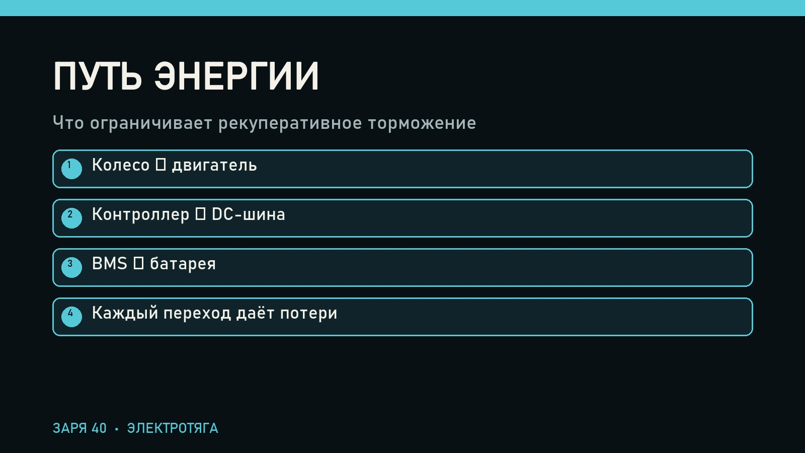 Путь энергии: Колесо → двигатель, Контроллер → DC-шина, BMS → батарея, Каждый переход даёт потери
