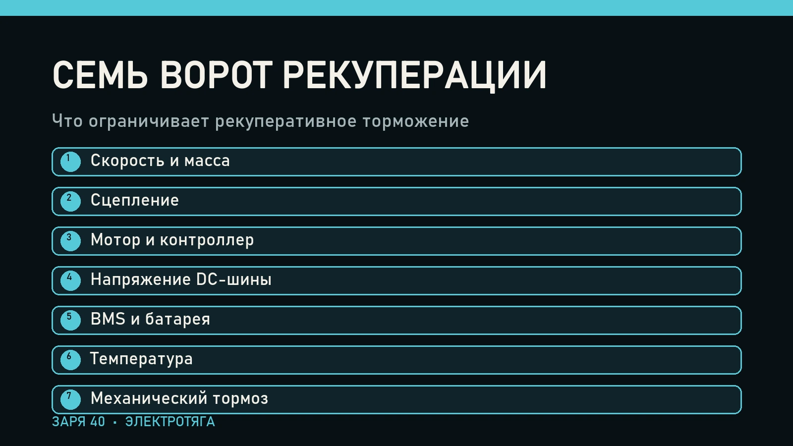 Семь ворот рекуперации: Скорость и масса, Сцепление, Мотор и контроллер, Напряжение DC-шины, BMS и батарея, Температура, Механический тормоз